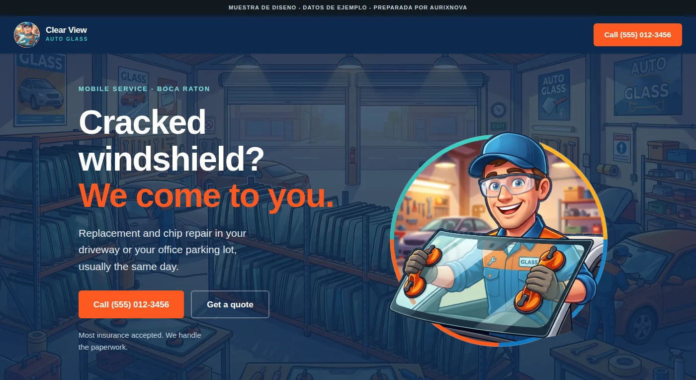 Home page of the Clear View Auto Glass demo: a deep blue hero reading “Cracked windshield? We come to you.” next to an illustrated technician holding a windshield.