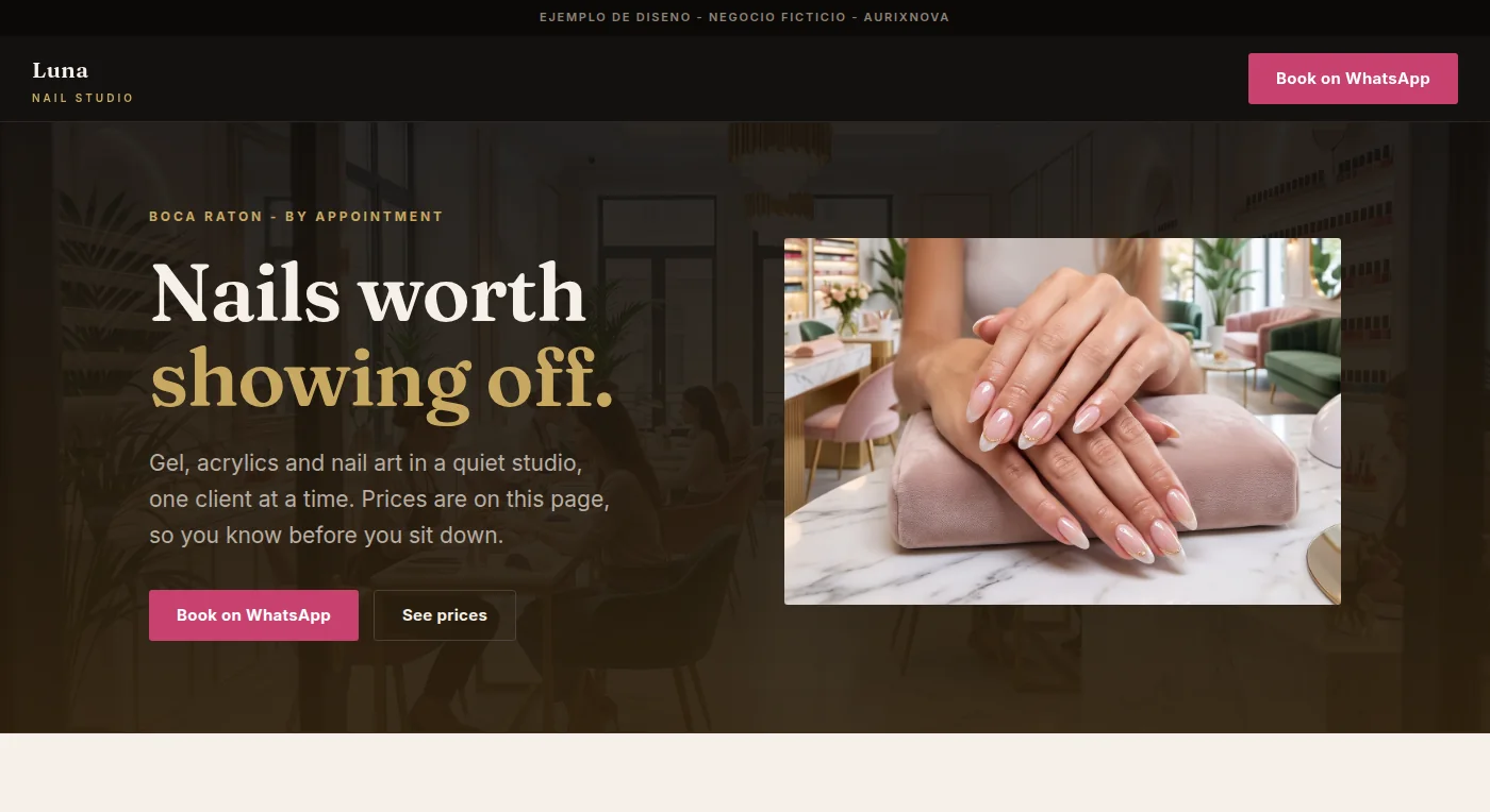 Home page of the Luna Nail Studio demo: a dark hero reading “Nails worth showing off.” over a photo of the salon, with a close up of finished nails.