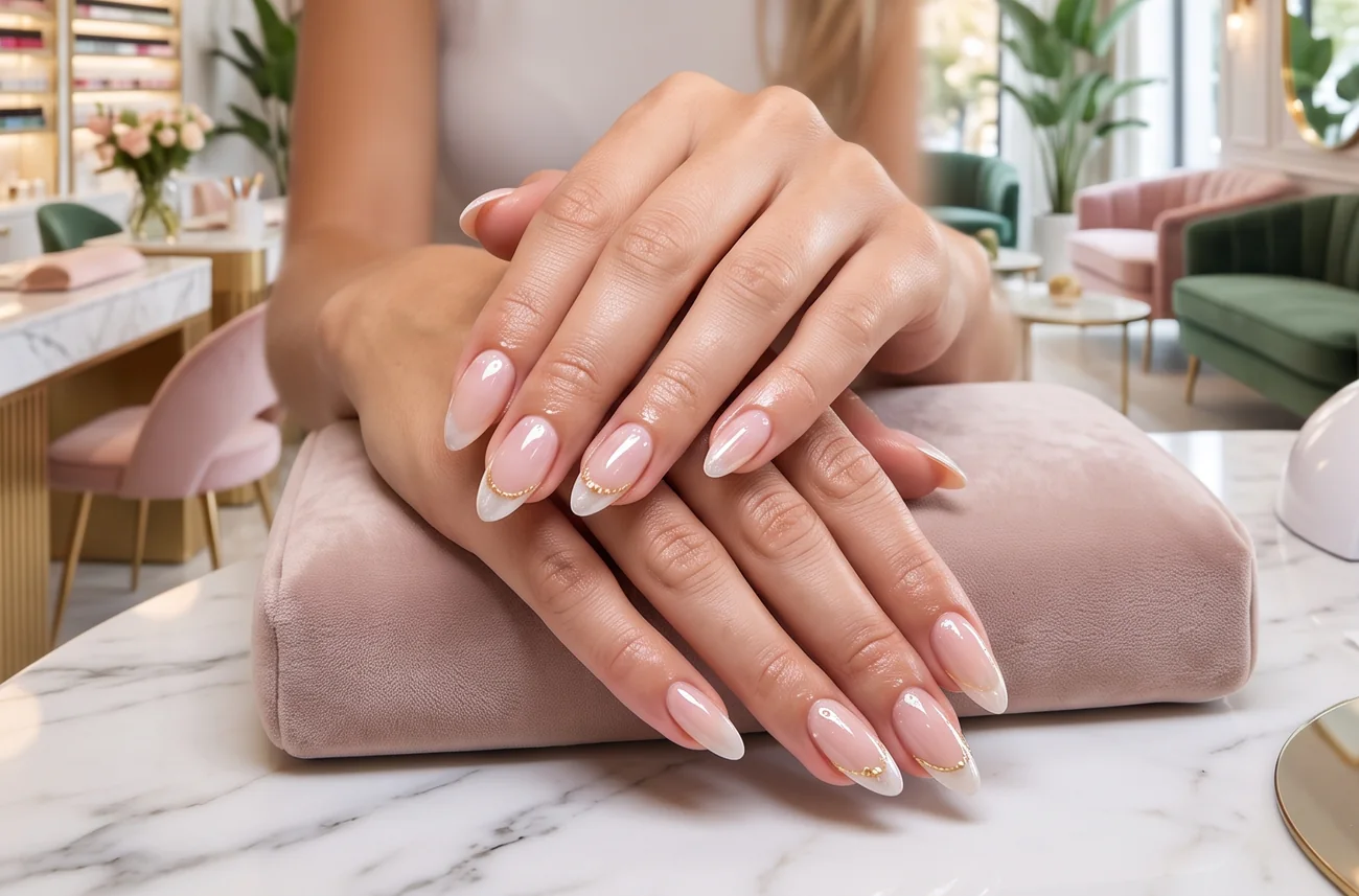 Finished almond nails with gold detail, close up