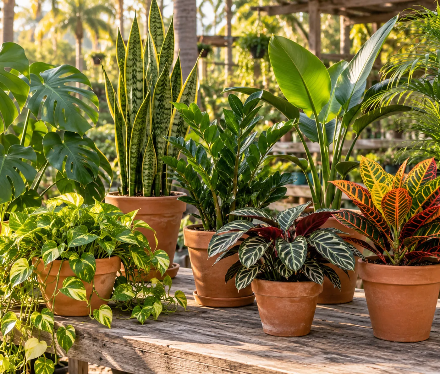 Potted plants in terracotta pots on a wooden table at an outdoor nursery in afternoon light