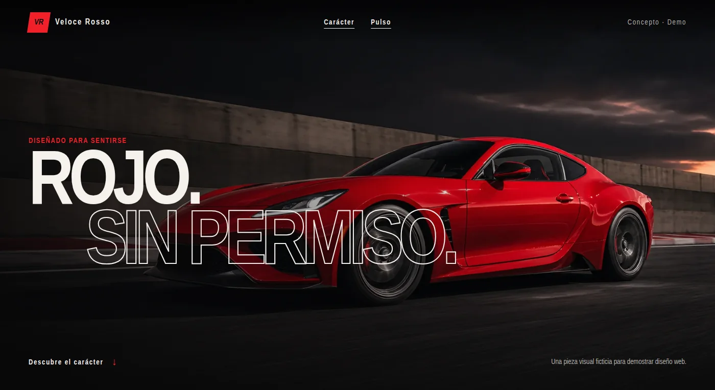 Home page of the Veloce Rosso demo: a red sports car at night under the headline “ROJO. SIN PERMISO.”