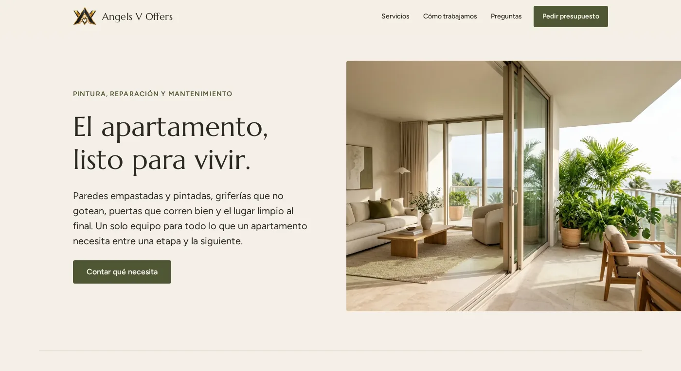 Home page of the Angels V Offers site: the headline “El apartamento, listo para vivir.” next to a bright living room opening onto a balcony with plants.