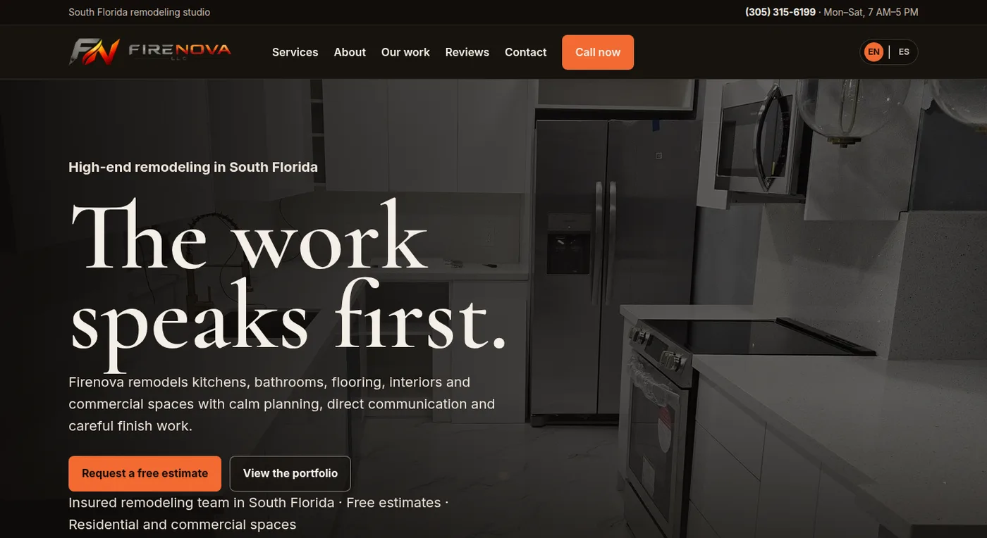 Home page of firenovallc.com: an editorial hero reading “The work speaks first.” over a kitchen photo.