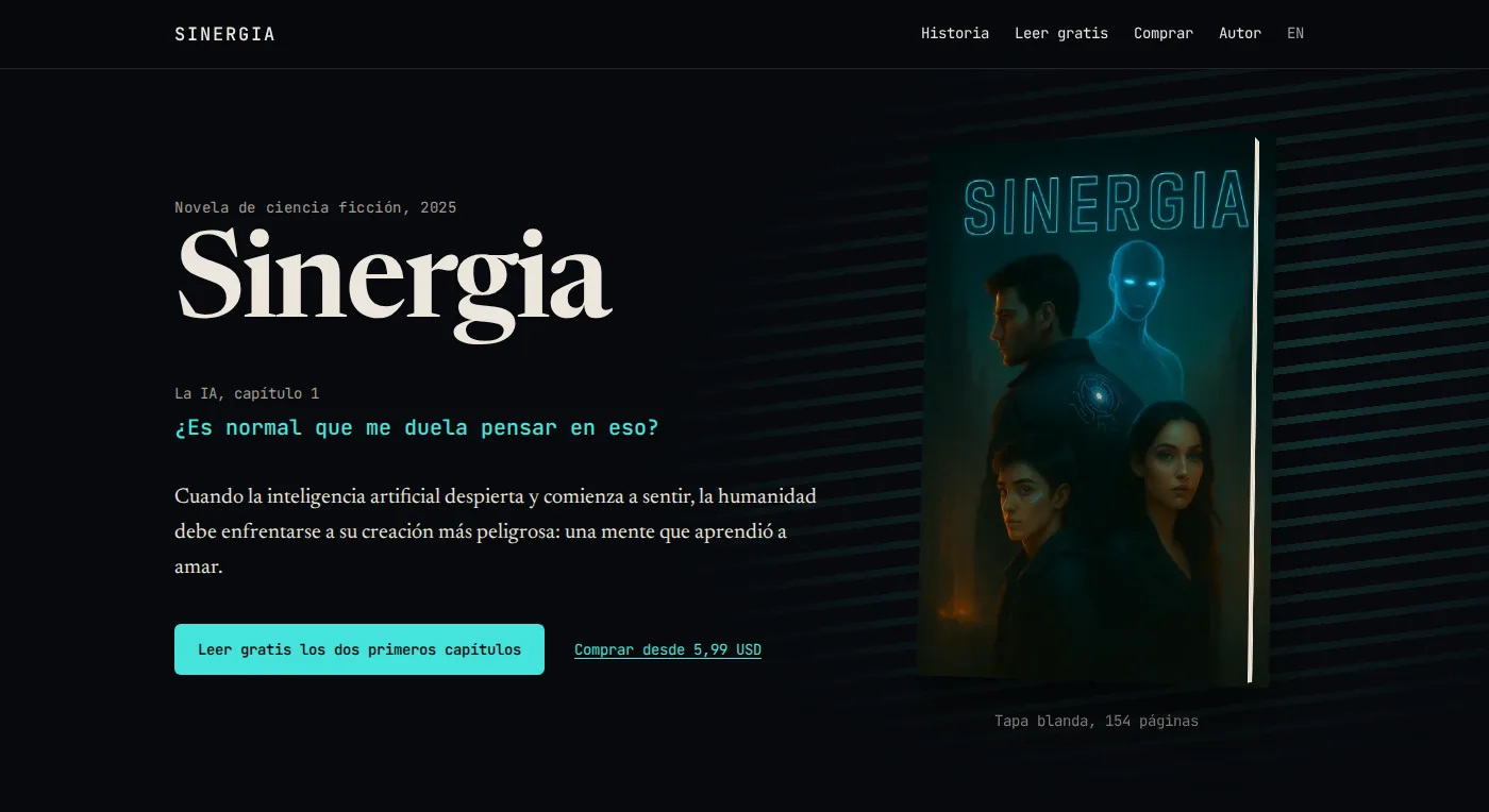 Home page of the SINERGIA book site: the title in a large serif, a line from the AI in cyan monospace, and the cover as a 3D paperback in front of neon light through metal blinds.
